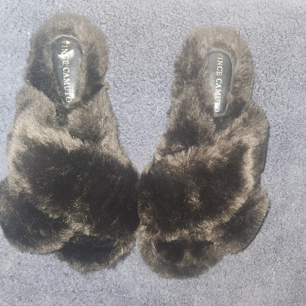 Vince Camuto Brown Kortendie Faux Fur Cross - Band Slippers Ladies Size 6.5